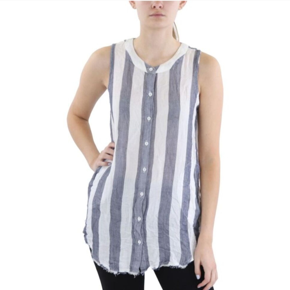 Philosophy White and Gray Sleeveless Button Down Shirt